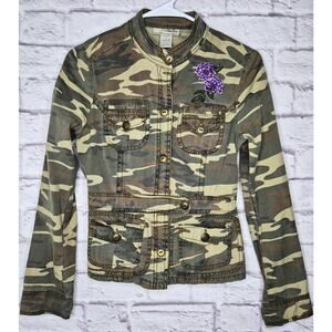 Vtg Y2K Hailee Camo Jacket S Purple Floral Embroidery Beaded Sequin Military